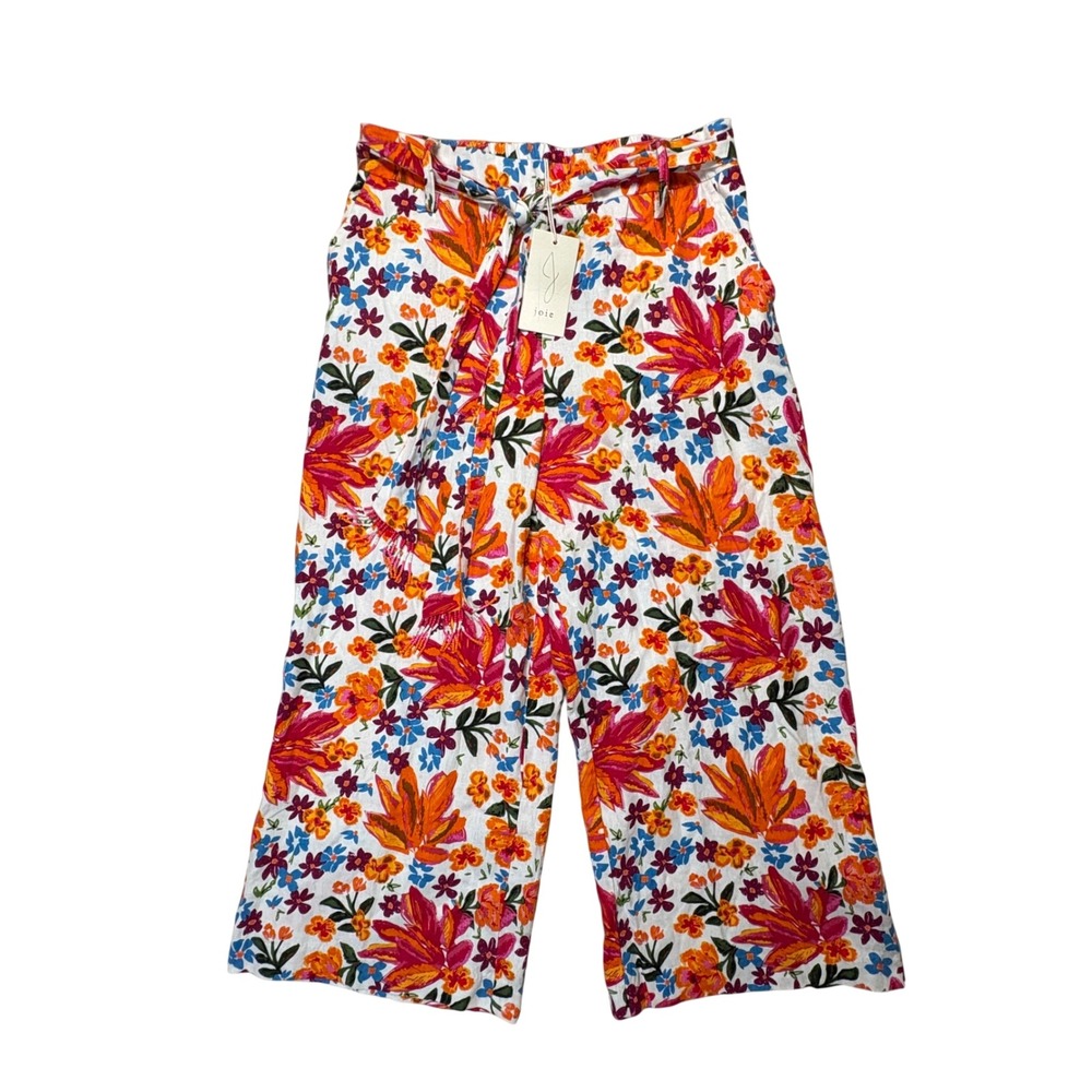 Joie Floral Linen Blend Wide Leg Cropped Pants Orange Pink Sz 12 Resort Dopamine